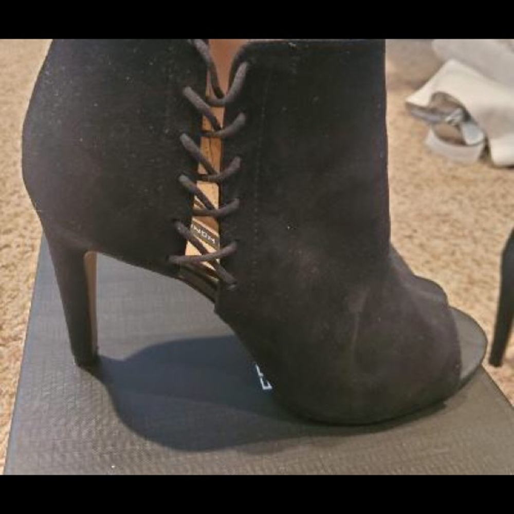 French Connection black suede peep toe heels